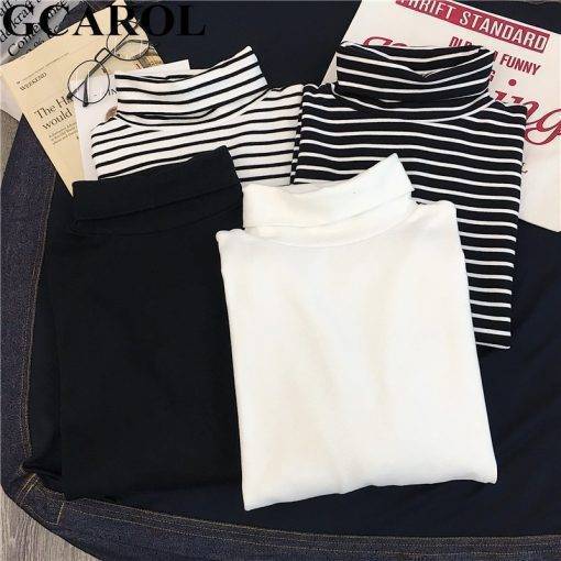 GCAROL Women T-shirt Turtleneck Striped Full Sleeve Stretch Tops Basic Drop Shoulder Undershirt Basic Perfect Pullover M-XL Tops & Tees
