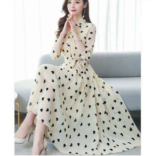 2020 Korean summer new stand-up collar seven-point sleeves temperament chiffon floral big swing dress women Dresses
