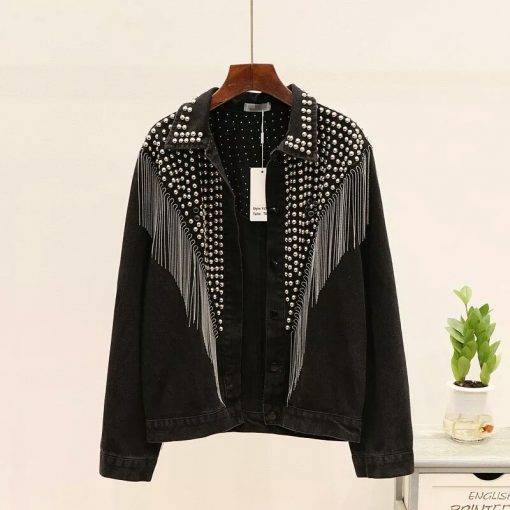 Women Rivet Tassel Chain Denim Short Coats Denim