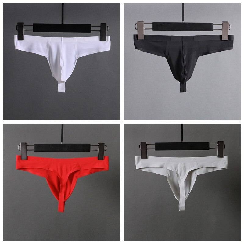Men Sexy G-string Thongs Gay Men Underwear Solid Thin Ice Silk Enhance Bugle Pouch Seamless T-panties Man Lingerie Underpants