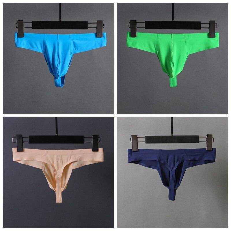 Men Sexy G-string Thongs Gay Men Underwear Solid Thin Ice Silk Enhance Bugle Pouch Seamless T-panties Man Lingerie Underpants