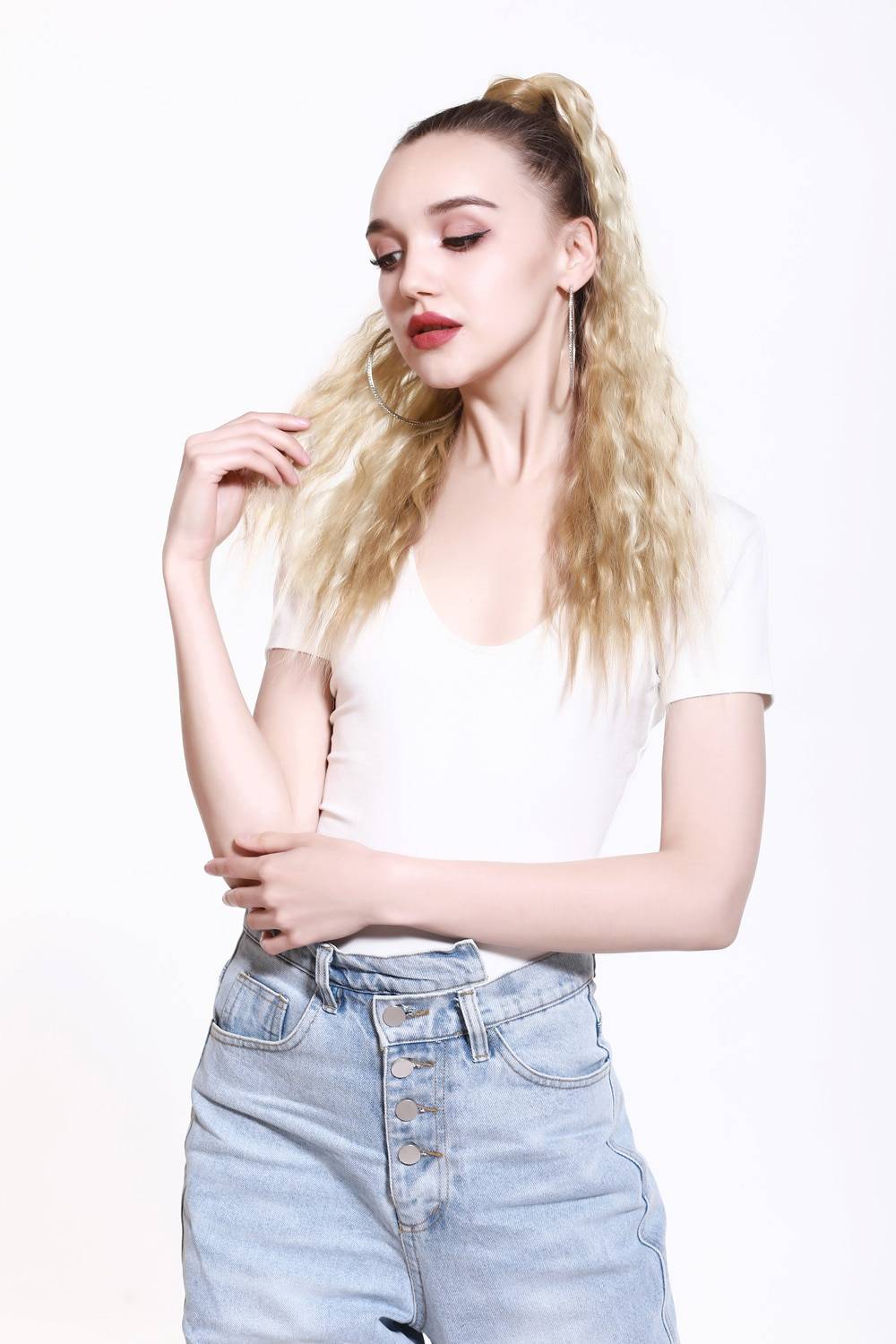 Fake False Ponytail Hair Extension Wig Clip in Straight Kinky Curly Long Synthetic Wrap Around Pony Tail Black Blonde Hairpiece Fake False Ponytail Hair Extension Wig Clip in Straight Kinky Curly Long Synthetic Wrap Around Pony Tail Black Blonde Hairpiece