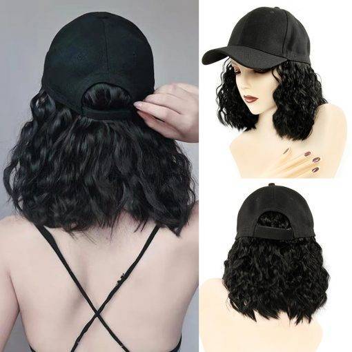 Baseball Cap Short Wigs curly Black Hair Wig for Women Heat Resistant Fiber Synthetic Bob Wigs Hair Extensions & Wigs Health & Beauty