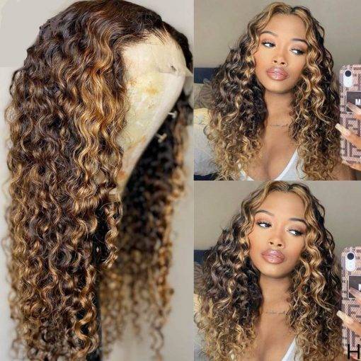 RULINDA 13×6 Lace Front Human Hair Wigs Highlight Ombre Curly Brazilian Non-Remy Hair Lace Wigs 180% Density Hair Extensions & Wigs Health & Beauty