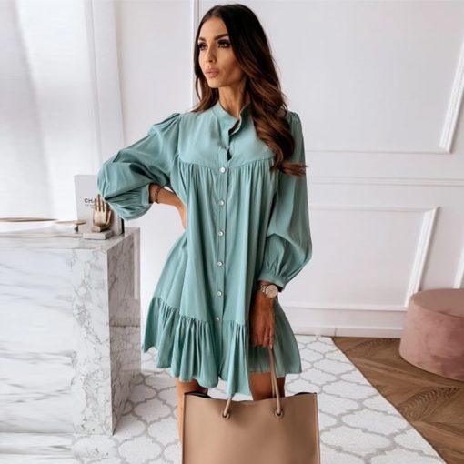 Women Vintage Ruffled Front Button A-line Dress Dresses