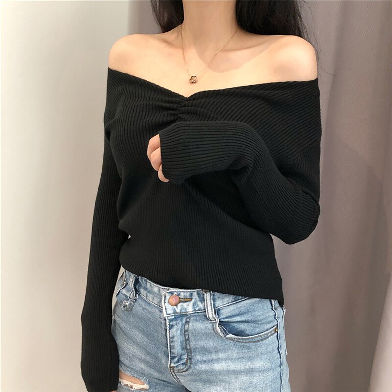 JMPRS Sexy V Neck Women Sweater Autumn Knitted Pullover Jumper Chic Soft Korean Slim Long Sleeve Female Basic Top New 2021