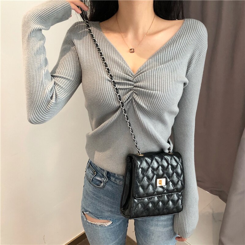 JMPRS Sexy V Neck Women Sweater Autumn Knitted Pullover Jumper Chic Soft Korean Slim Long Sleeve Female Basic Top New 2021