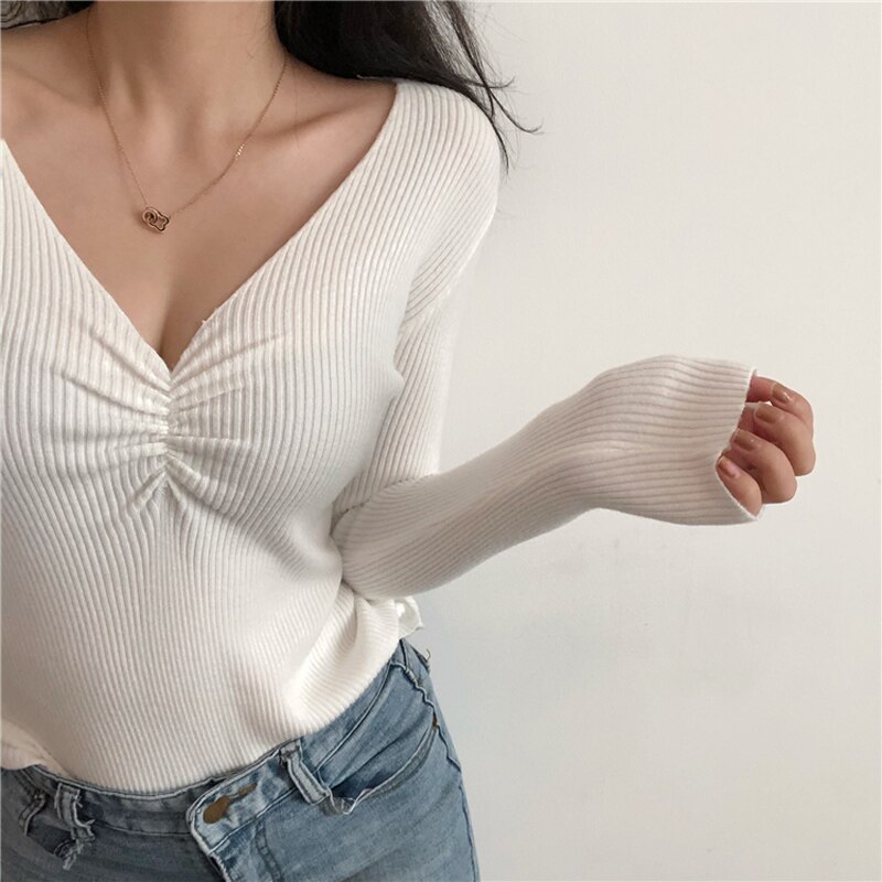 JMPRS Sexy V Neck Women Sweater Autumn Knitted Pullover Jumper Chic Soft Korean Slim Long Sleeve Female Basic Top New 2021