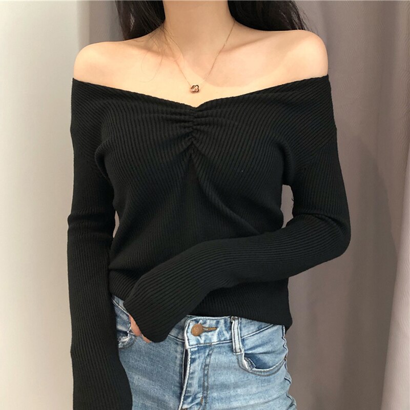 JMPRS Sexy V Neck Women Sweater Autumn Knitted Pullover Jumper Chic Soft Korean Slim Long Sleeve Female Basic Top New 2021