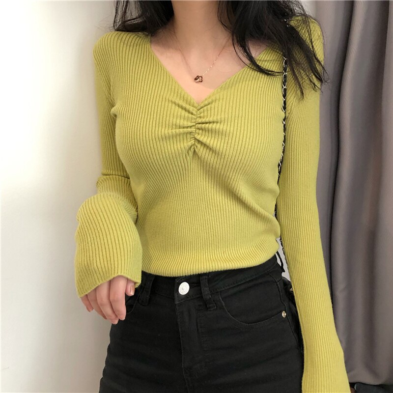 JMPRS Sexy V Neck Women Sweater Autumn Knitted Pullover Jumper Chic Soft Korean Slim Long Sleeve Female Basic Top New 2021