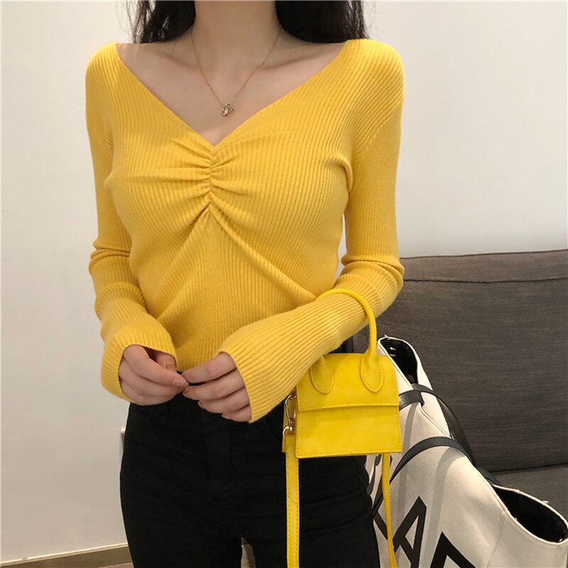 JMPRS Sexy V Neck Women Sweater Autumn Knitted Pullover Jumper Chic Soft Korean Slim Long Sleeve Female Basic Top New 2021
