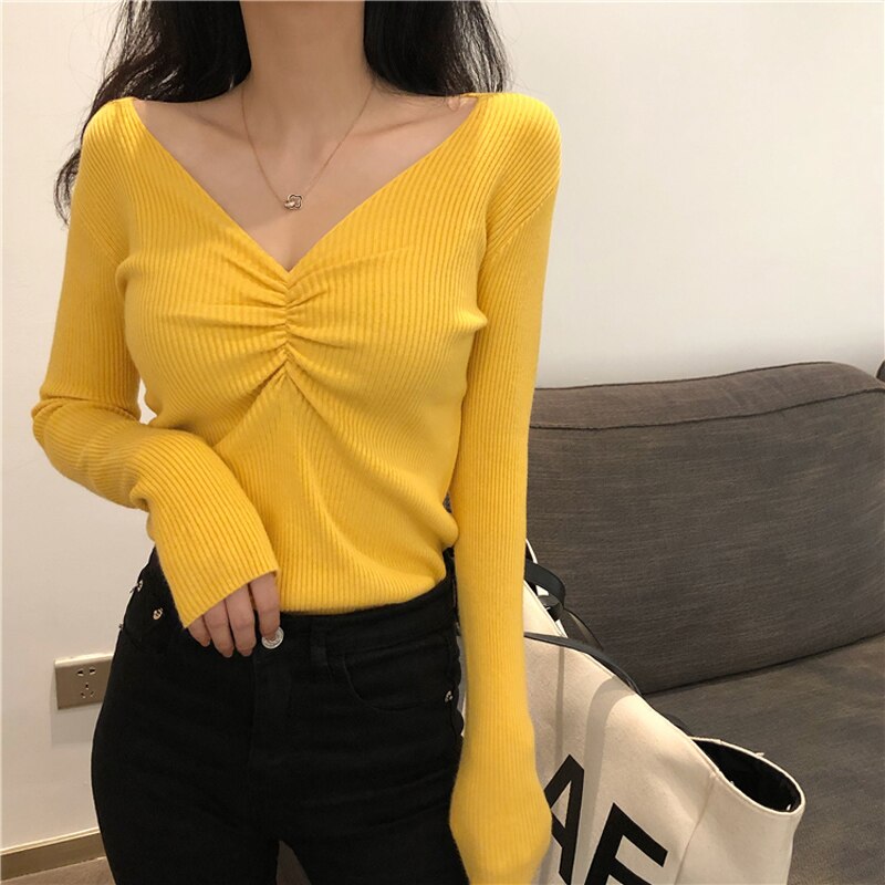 JMPRS Sexy V Neck Women Sweater Autumn Knitted Pullover Jumper Chic Soft Korean Slim Long Sleeve Female Basic Top New 2021