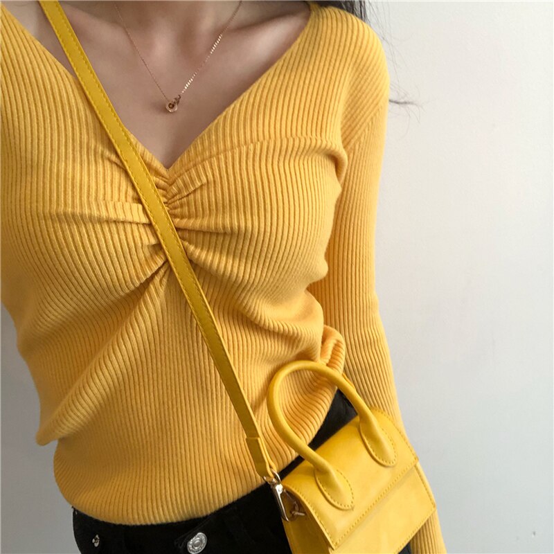 JMPRS Sexy V Neck Women Sweater Autumn Knitted Pullover Jumper Chic Soft Korean Slim Long Sleeve Female Basic Top New 2021