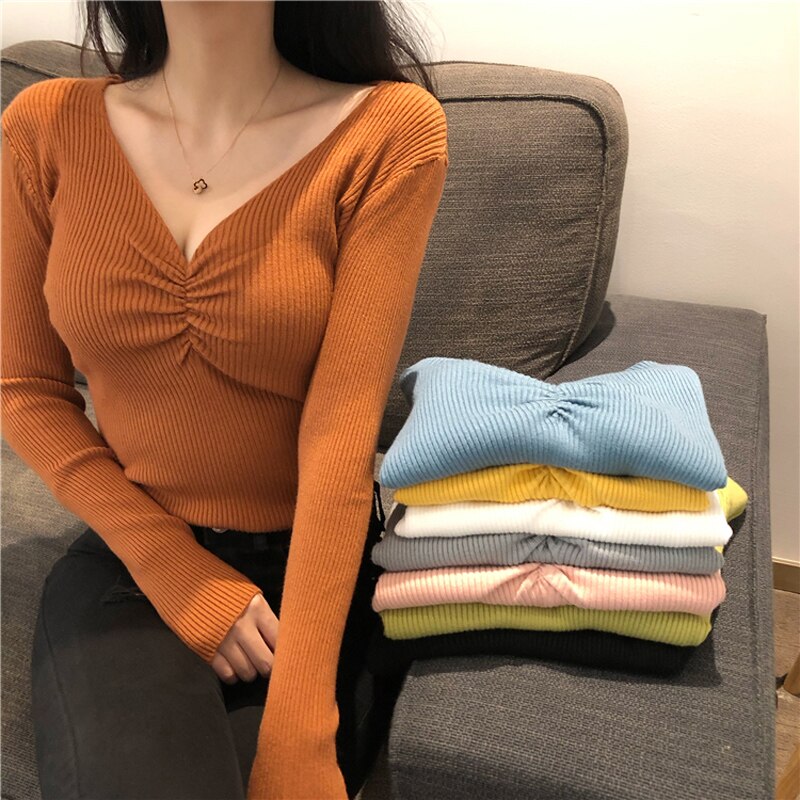 JMPRS Sexy V Neck Women Sweater Autumn Knitted Pullover Jumper Chic Soft Korean Slim Long Sleeve Female Basic Top New 2021