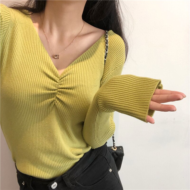 JMPRS Sexy V Neck Women Sweater Autumn Knitted Pullover Jumper Chic Soft Korean Slim Long Sleeve Female Basic Top New 2021