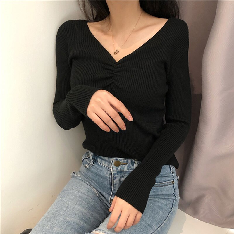 JMPRS Sexy V Neck Women Sweater Autumn Knitted Pullover Jumper Chic Soft Korean Slim Long Sleeve Female Basic Top New 2021