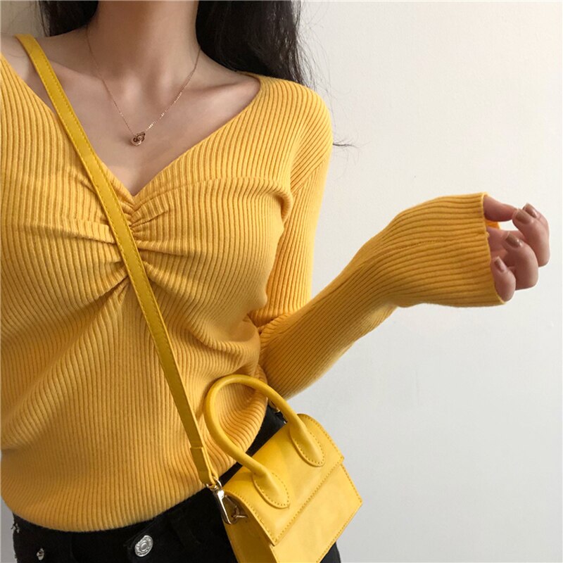 JMPRS Sexy V Neck Women Sweater Autumn Knitted Pullover Jumper Chic Soft Korean Slim Long Sleeve Female Basic Top New 2021