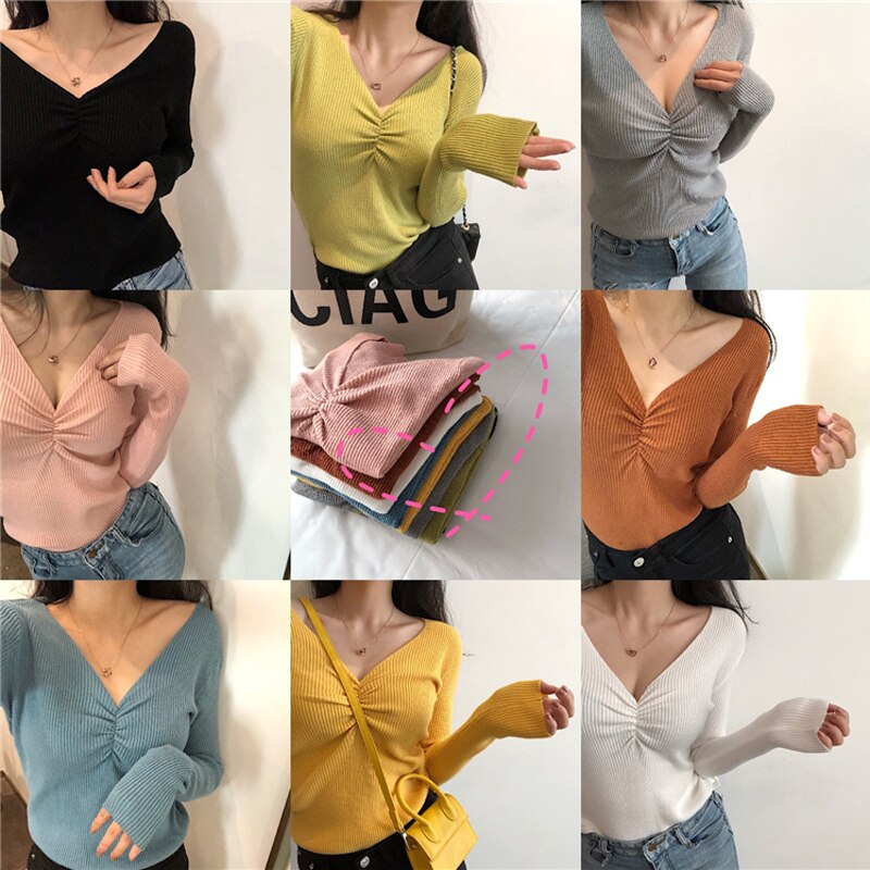 JMPRS Sexy V Neck Women Sweater Autumn Knitted Pullover Jumper Chic Soft Korean Slim Long Sleeve Female Basic Top New 2021