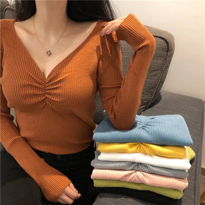 JMPRS Sexy V Neck Women Sweater Autumn Knitted Pullover Jumper Chic Soft Korean Slim Long Sleeve Female Basic Top New 2021