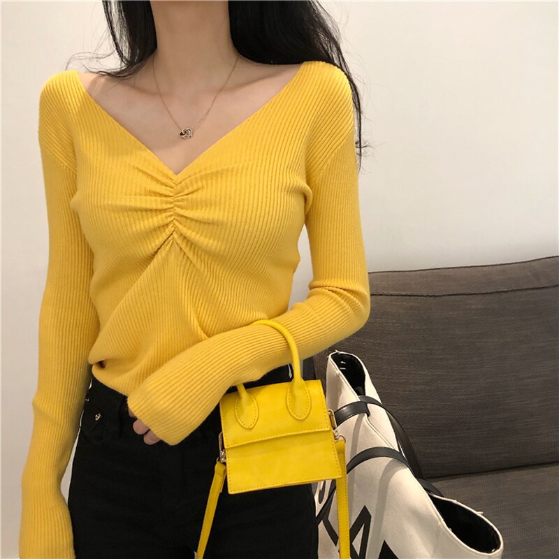 JMPRS Sexy V Neck Women Sweater Autumn Knitted Pullover Jumper Chic Soft Korean Slim Long Sleeve Female Basic Top New 2021