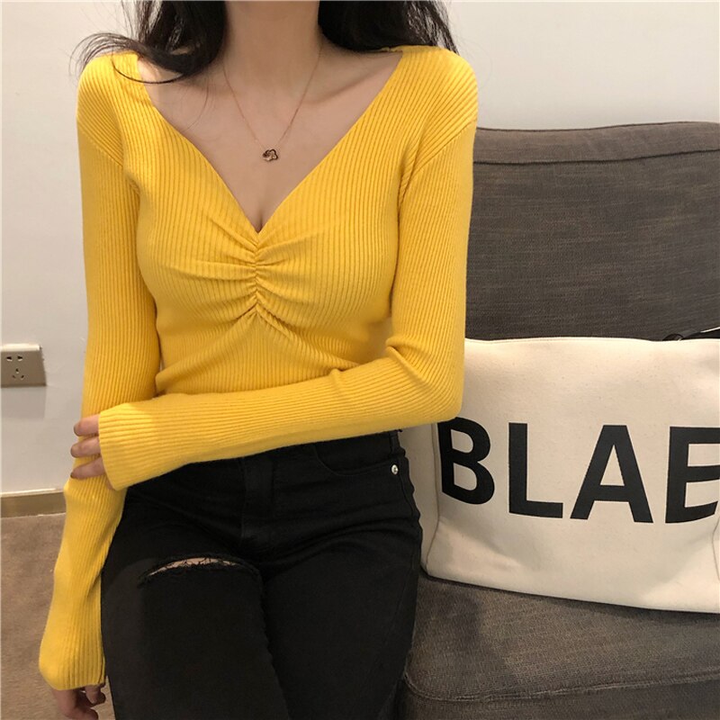 JMPRS Sexy V Neck Women Sweater Autumn Knitted Pullover Jumper Chic Soft Korean Slim Long Sleeve Female Basic Top New 2021