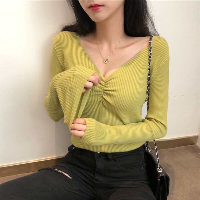 JMPRS Sexy V Neck Women Sweater Autumn Knitted Pullover Jumper Chic Soft Korean Slim Long Sleeve Female Basic Top New 2021