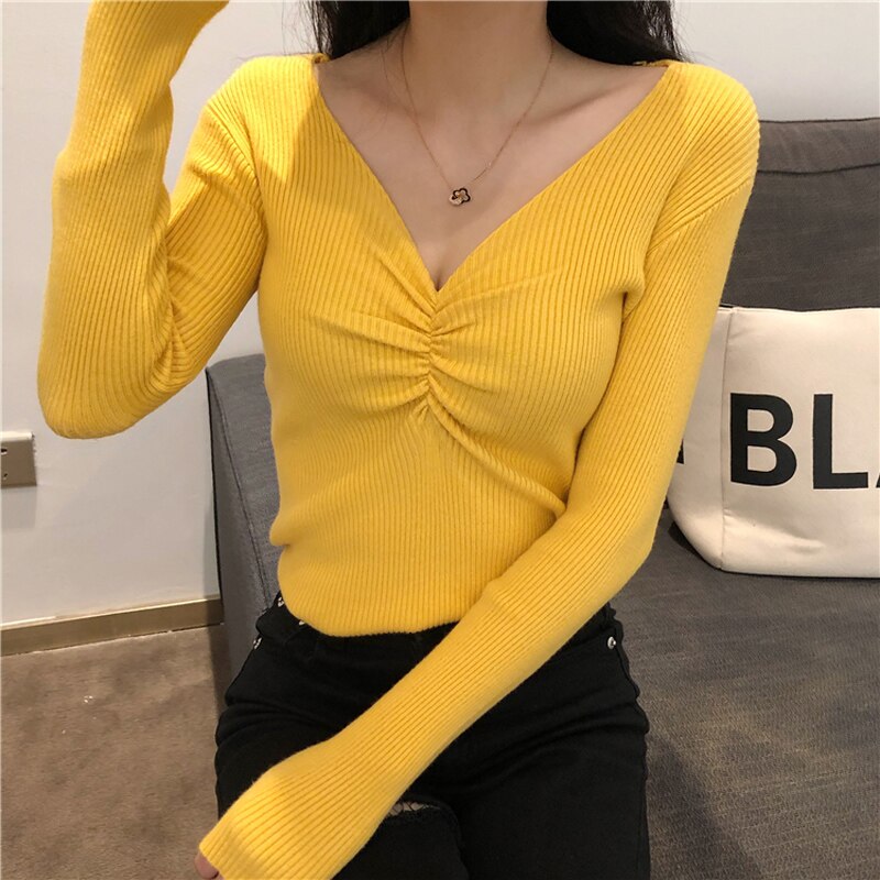 JMPRS Sexy V Neck Women Sweater Autumn Knitted Pullover Jumper Chic Soft Korean Slim Long Sleeve Female Basic Top New 2021