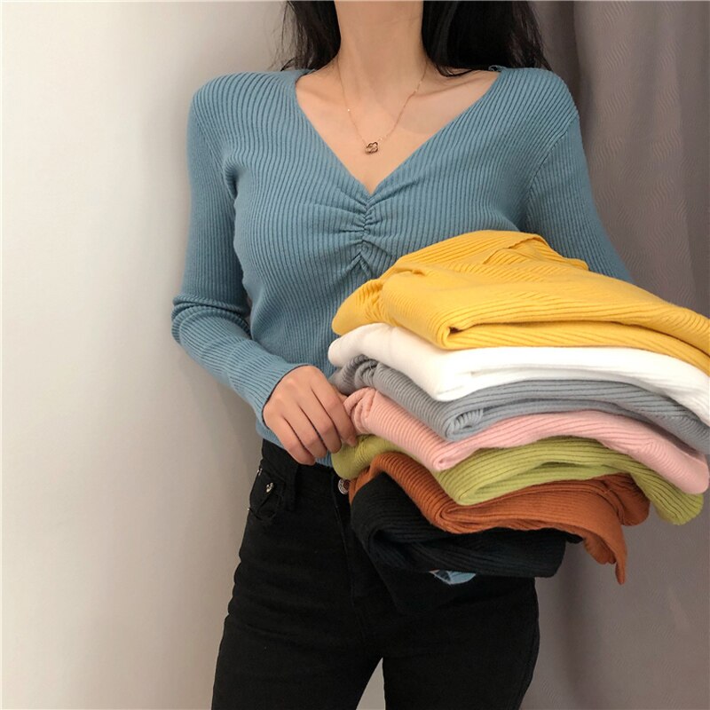 JMPRS Sexy V Neck Women Sweater Autumn Knitted Pullover Jumper Chic Soft Korean Slim Long Sleeve Female Basic Top New 2021