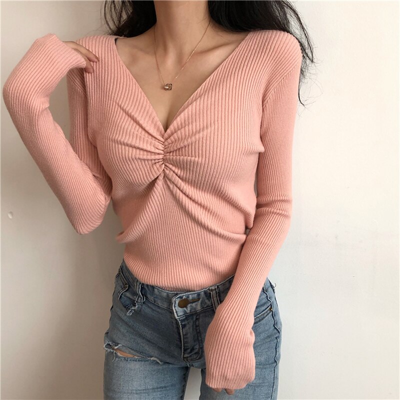 JMPRS Sexy V Neck Women Sweater Autumn Knitted Pullover Jumper Chic Soft Korean Slim Long Sleeve Female Basic Top New 2021