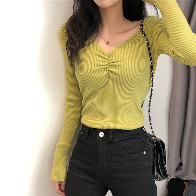 JMPRS Sexy V Neck Women Sweater Autumn Knitted Pullover Jumper Chic Soft Korean Slim Long Sleeve Female Basic Top New 2021
