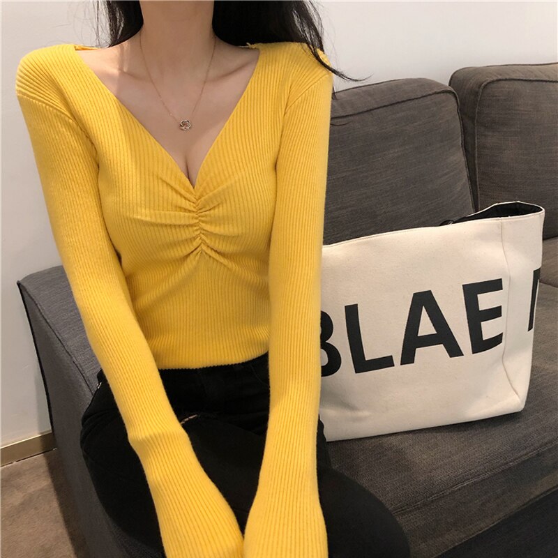 JMPRS Sexy V Neck Women Sweater Autumn Knitted Pullover Jumper Chic Soft Korean Slim Long Sleeve Female Basic Top New 2021