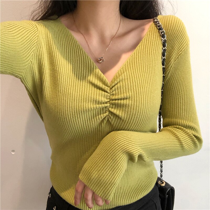 JMPRS Sexy V Neck Women Sweater Autumn Knitted Pullover Jumper Chic Soft Korean Slim Long Sleeve Female Basic Top New 2021