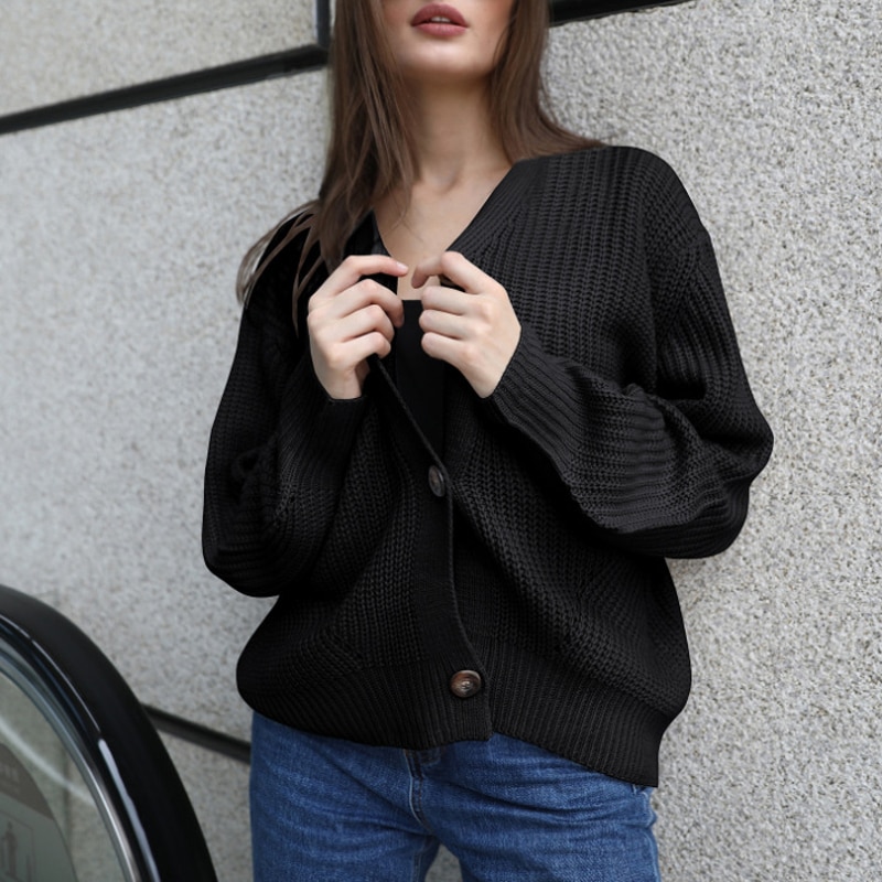 Zoki Women Knitted Cardigans Sweater Fashion Autumn Long Sleeve Loose Coat Casual Button Thick V Neck Solid Female Tops 2021