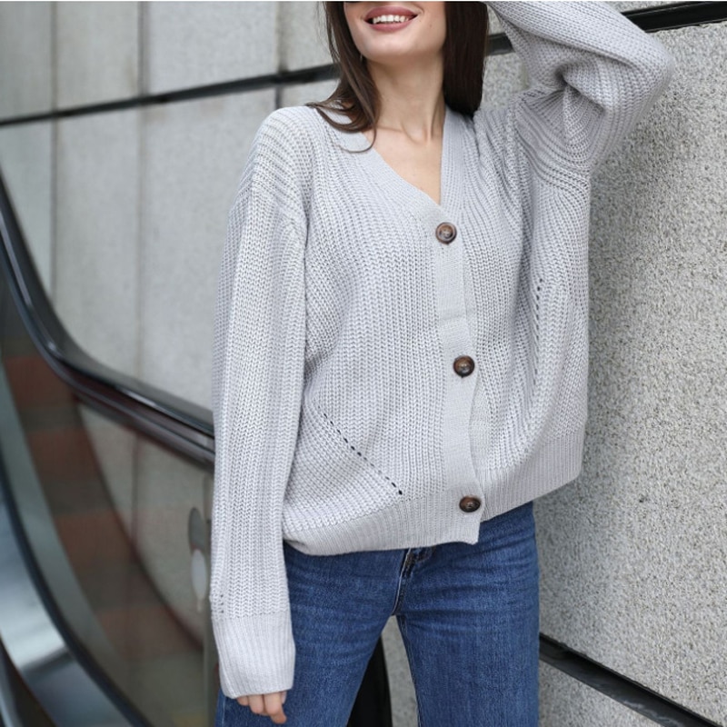 Zoki Women Knitted Cardigans Sweater Fashion Autumn Long Sleeve Loose Coat Casual Button Thick V Neck Solid Female Tops 2021