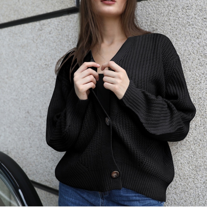 Zoki Women Knitted Cardigans Sweater Fashion Autumn Long Sleeve Loose Coat Casual Button Thick V Neck Solid Female Tops 2021