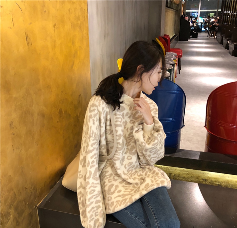 sweater women turtleneck leopard knitted sweater animal print winter thick female pullovers casual tops oversized sweater