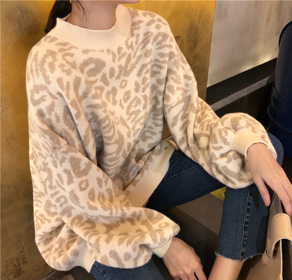 sweater women turtleneck leopard knitted sweater animal print winter thick female pullovers casual tops oversized sweater