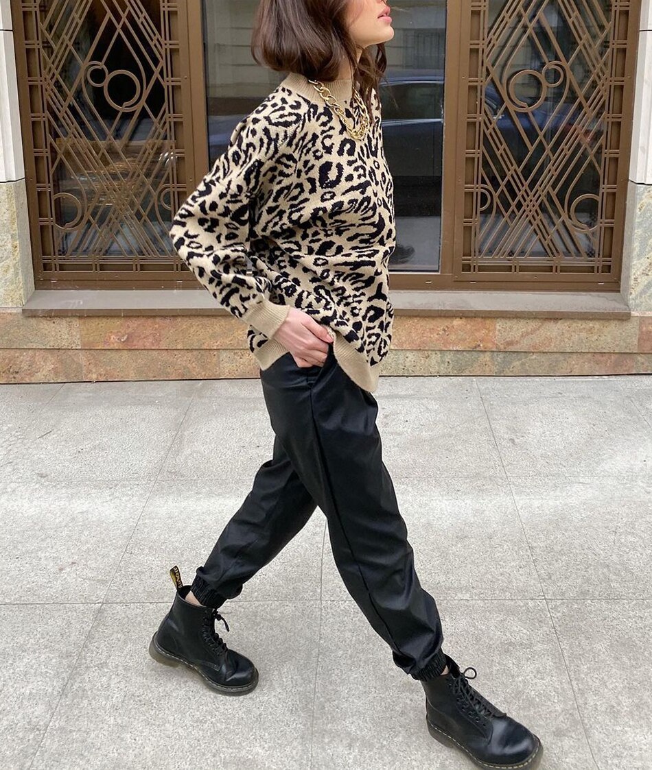 sweater women turtleneck leopard knitted sweater animal print winter thick female pullovers casual tops oversized sweater