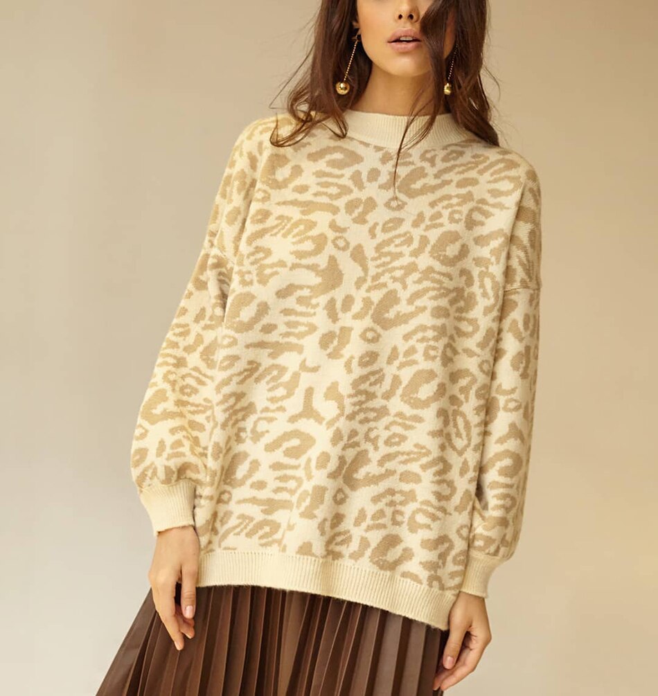 sweater women turtleneck leopard knitted sweater animal print winter thick female pullovers casual tops oversized sweater