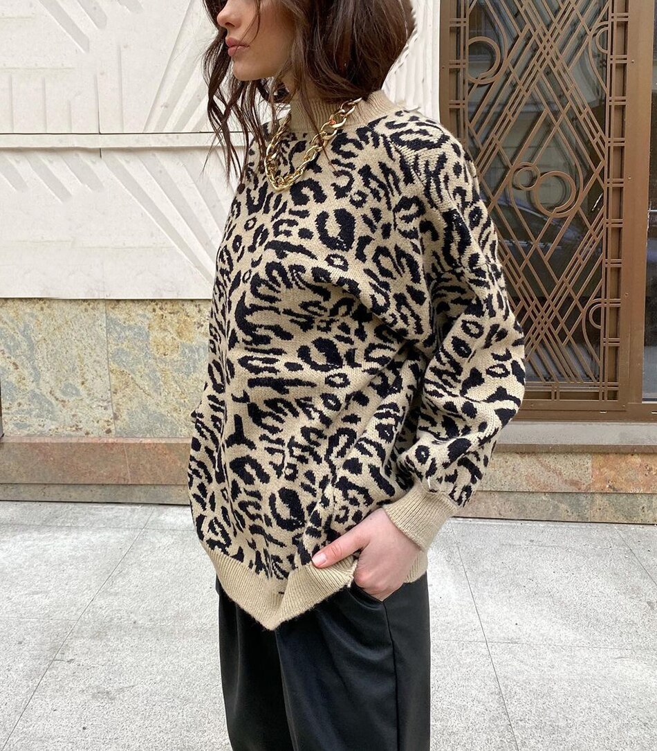sweater women turtleneck leopard knitted sweater animal print winter thick female pullovers casual tops oversized sweater
