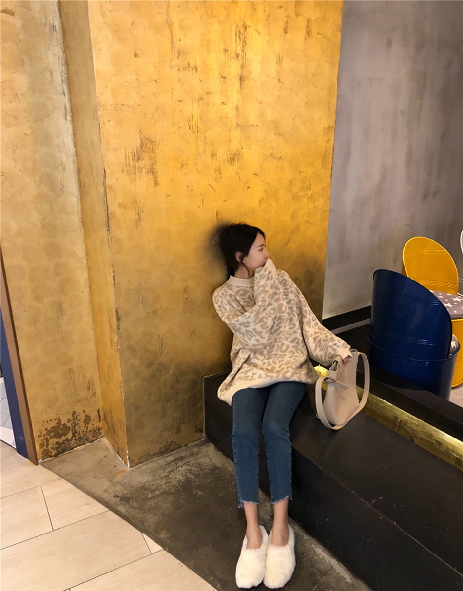 sweater women turtleneck leopard knitted sweater animal print winter thick female pullovers casual tops oversized sweater