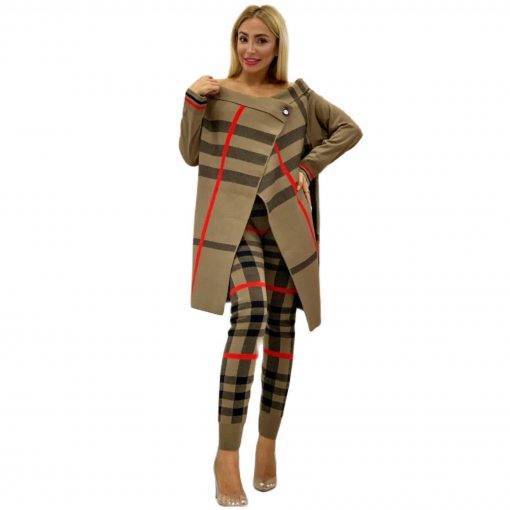 2 Pieces Women’s Knitwear Buttoned Cachet Top and Pants Double Flexible Suit Set Striped Turkey Dubai 2021 Fashion Clothing Set Coats & Jackets Women's Fashion