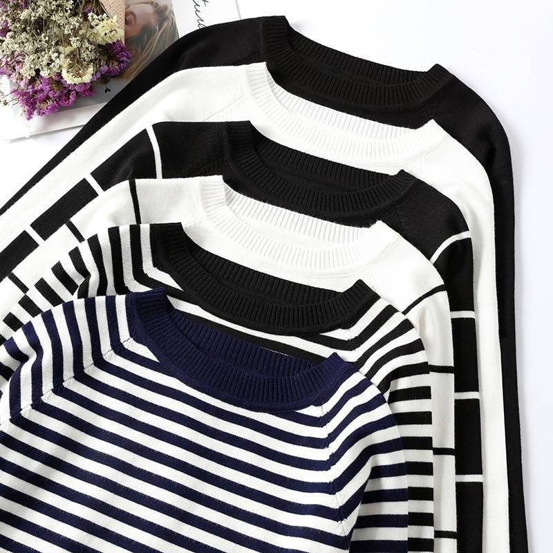 2021 Autumn Winter Long Sleeve Striped Pullover Women Sweater Knitted Sweaters O-Neck Tops Korean Pull Femme Jumper Female White 2021 Autumn Winter Long Sleeve Striped Pullover Women Sweater Knitted Sweaters O-Neck Tops Korean Pull Femme Jumper Female White