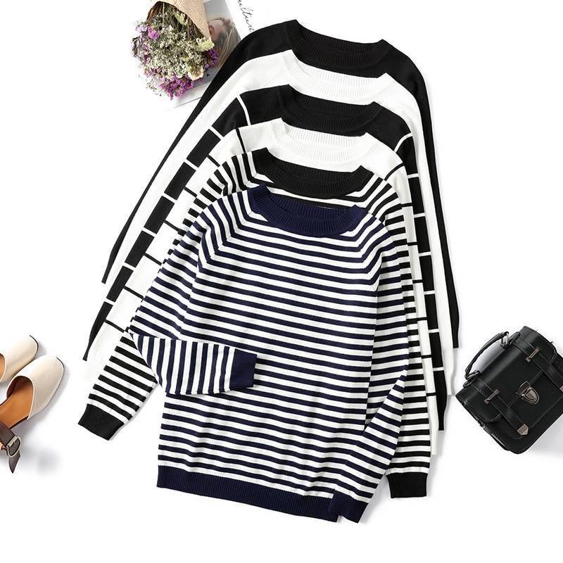 2021 Autumn Winter Long Sleeve Striped Pullover Women Sweater Knitted Sweaters O-Neck Tops Korean Pull Femme Jumper Female White 2021 Autumn Winter Long Sleeve Striped Pullover Women Sweater Knitted Sweaters O-Neck Tops Korean Pull Femme Jumper Female White