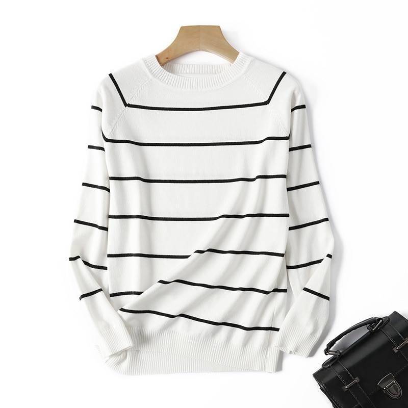 2021 Autumn Winter Long Sleeve Striped Pullover Women Sweater Knitted Sweaters O-Neck Tops Korean Pull Femme Jumper Female White 2021 Autumn Winter Long Sleeve Striped Pullover Women Sweater Knitted Sweaters O-Neck Tops Korean Pull Femme Jumper Female White