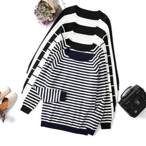2021 Autumn Winter Long Sleeve Striped Pullover Women Sweater Knitted Sweaters O-Neck Tops Korean Pull Femme Jumper Female White Sweaters Women's Fashion