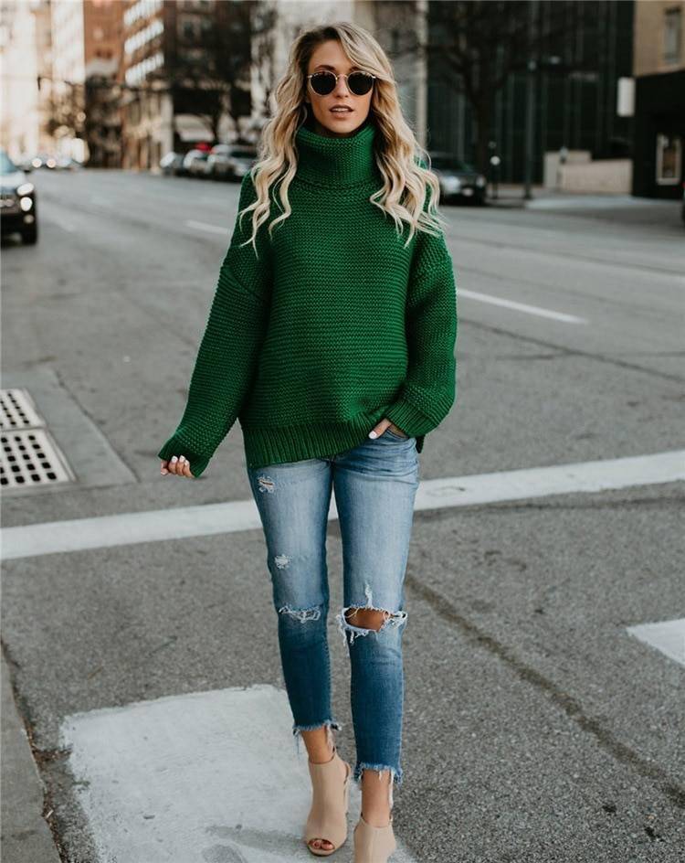 2021 Women Pullover Turtle Neck Autumn Winter Clothes Warm Knitted Oversized Turtleneck Sweater For Women's Green Tops Woman 2021 Women Pullover Turtle Neck Autumn Winter Clothes Warm Knitted Oversized Turtleneck Sweater For Women's Green Tops Woman