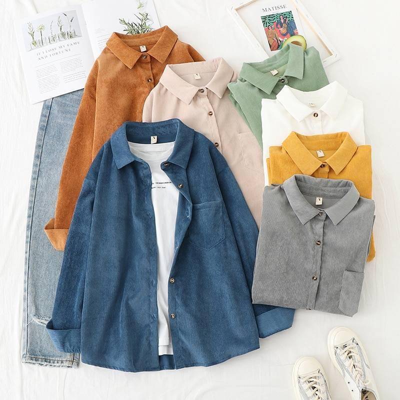 Corduroy Women Blouses Shirts Tunic Womens Tops And Blouses 2021 Womenswear Long Sleeve Clothing Button Up Down Loose White New