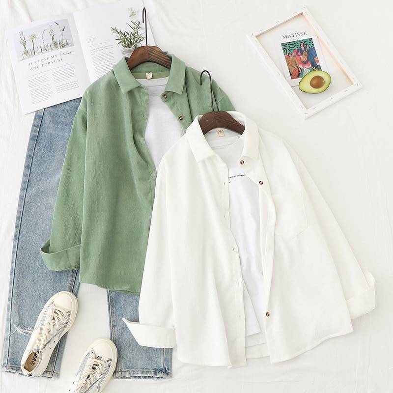 Corduroy Women Blouses Shirts Tunic Womens Tops And Blouses 2021 Womenswear Long Sleeve Clothing Button Up Down Loose White New