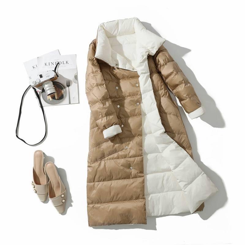 Fitaylor 2021 Winter Women Turtleneck White Duck Down Coat Double Breasted Warm Parkas Double Sided Down Long Jacket Fitaylor 2021 Winter Women Turtleneck White Duck Down Coat Double Breasted Warm Parkas Double Sided Down Long Jacket